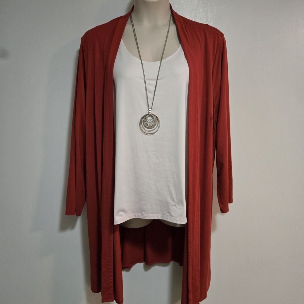 J Jill Wearever Plus Size 3X Rust Red Open Cardigan 40" Duster Button Details